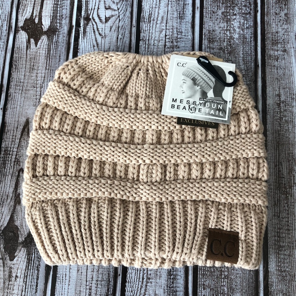 C.C Messy-bun Beanie Solid Color New Beige - Picture 2 of 4